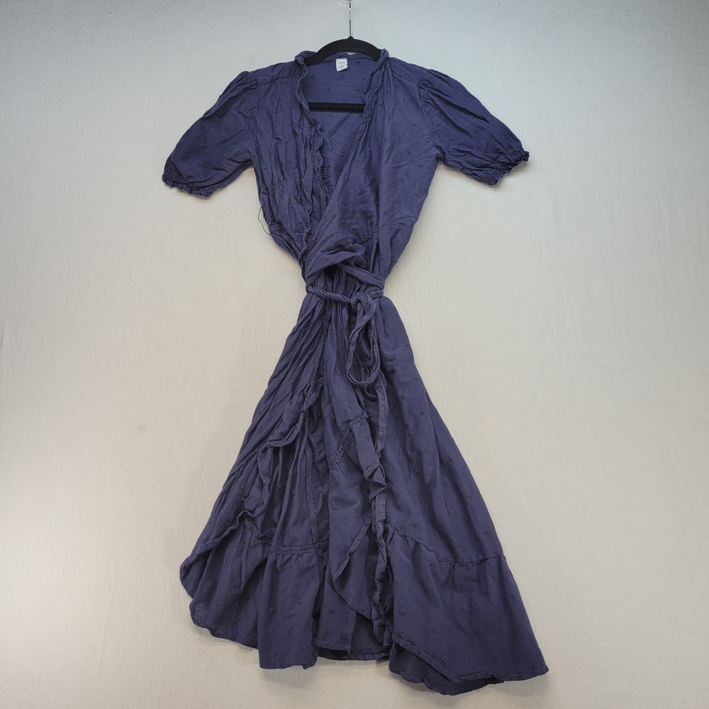 Old Navy Wrap Dress Womens XS Blue Boho Eyelet Ruffle Puff Sleeve Midi